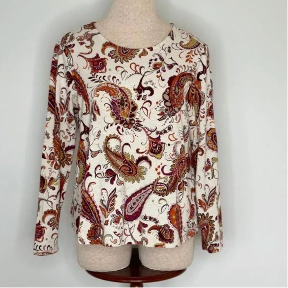 J. Jill Paisley Fall Crew Neck Long Sleeve Flowy Top Size Medium Petite